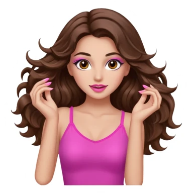 girl with long wavy brown hair, brown eyes, long lashes makeup, sexy pink lips, light to medium complexion, pink sexy top, dancing sticker