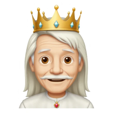 a smiling old man with long white hair and has no beard wearing a white smart shirt and a crown sticker
