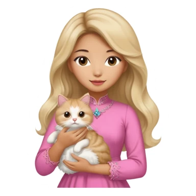 An Asian lady with long, voluminous, balayage hair, blonde highlights in a pink dress, holding a Persian cat  sticker