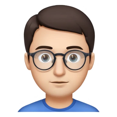 guy with dark brown hair, round face, glasses with thin gray frames, cropped haircut, regular stubble on his face, big nose, blue eyes, thick eyebrows sticker