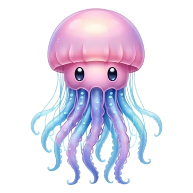 Cinematic floating kawaii jellyfish, tiny round body, soft glowing tentacles, pastel pink and blue hues, delicate sparkling highlights, dreamy and adorable. sticker