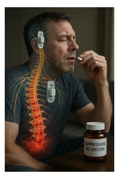 Realistica cinematic Man taking pain medication for chronic back pain, pills shown as dimmer switches turning down pain signals in transparent nervous system overlay, underlying spinal damage remaining completely untreated and worsening, expression of temporary relief masking progressive deterioration, medication bottle labeled 'symptom suppression' not 'cure', root cause inflammation continuing to spread in italiano sticker