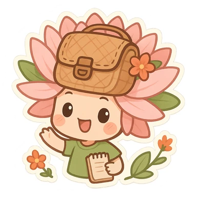 mascota para proyecto productivo, lirio de agua usando un bolso artesanal como sombrero, expresión juguetona, colores suaves y detalles florales sticker