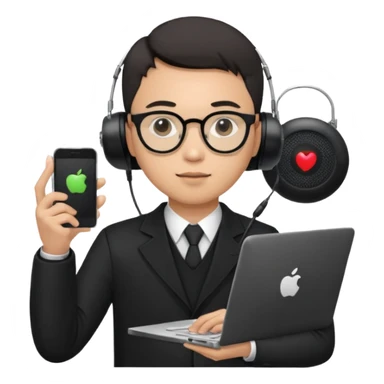 a asia man guy his 20s wearing an apple notebook, wearing bodyguard radio operator, round glasses, blAck clothes sticker