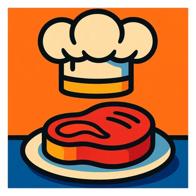 juicy steak on a plate, chef's hat sticker