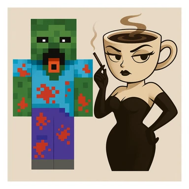 Combine both characters from the reference images into a single scene, keeping their original styles, outfits, and colors. Place them side by side, each with a neutral expression. sticker