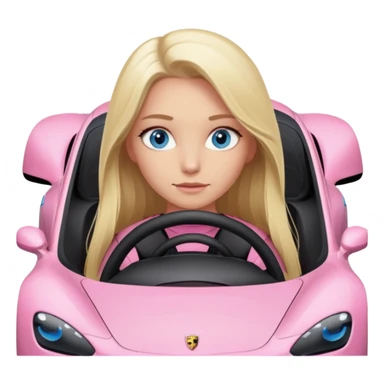 pink Porsche taycan with blonde girl, long hair, blue eyes, sitting in the car, front view point of view, no sunglasses sticker