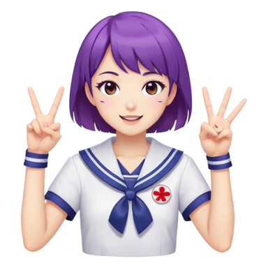 Energetic anime girl with short purple hair wearing Japanese sailor style school uniform, winking and making double peace signs, very cheerful and bubbly, kawaii style sticker