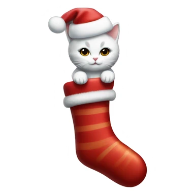 light red stocking with snowflakes on it and a small white cat poking out of the stocking and a candy cane beside the cat sticker