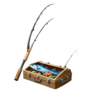 Icon for Fishing Travel: a boat on a calm lake surrounded by mountains and lush greenery, with fish jumping out of the water, a fishing rod, tackle box. The icon should capture the peaceful and adventurous nature of fishing trips. Transparent background. sticker