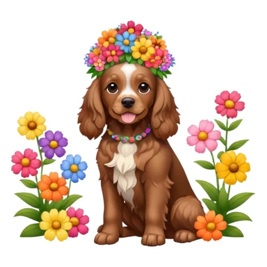 Full body shot of a brown cocker spaniel sitting happily with lots of flowers on his head sticker