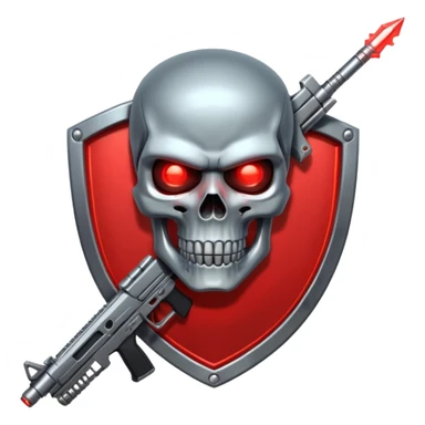 Sci-fi shield badge, terminator style skull, glowing red eyes, crossed futuristic assault rifle and energy sword, no background sticker
