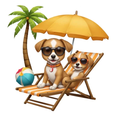 a dog laied on a beach chair, a sunny beach, a sun umbrella, and beach coconut trees. the icon should capture the essence of a relaxing beach vacation with a carefree atmosphere sticker