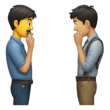 one person sniffing another person's belt sticker