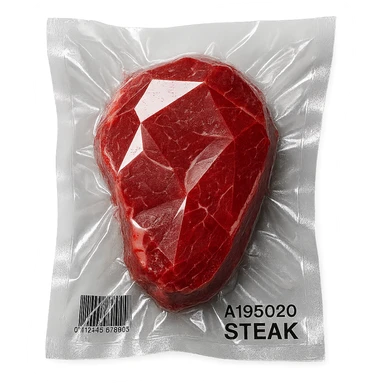 steak with facets like a diamond, very glossy, vacuum-sealed style sticker