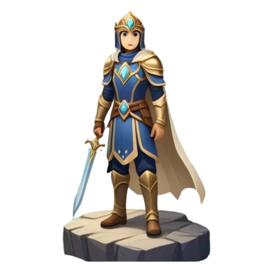 An icon featuring a hero with a closed visor, standing in a majestic, mystical landscape, inspired by RPGs like Elden Ring. The design includes a stunning, ethereal background with towering castles and distant mountains, symbolizing the adventure and mystery. Transparent background sticker