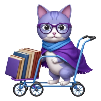 Purple and blue cat with reading glasses and a shawl, pushing a cart full of books sticker