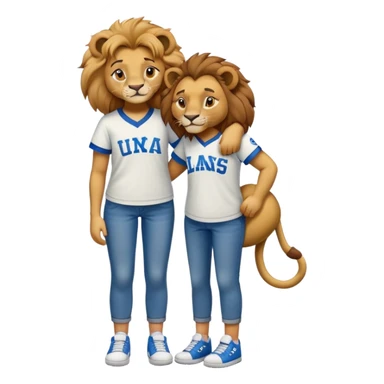 friendly anthropomorphised female lion wearing a baseball shirt, jeans, and trainers, comforting another character sticker