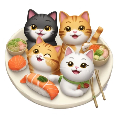 four HAPPY cats having SUSHI DINNER sticker