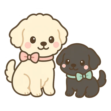large light cream colored goldendoodle and small black golden retriever, chibi style, both wearing bows sticker