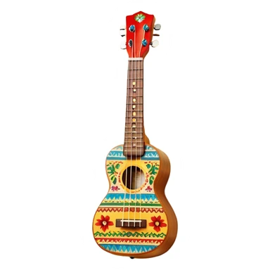 Create a vibrant and artistic emoji representing a ukulele with a Mexican design. The ukulele should feature a bright, colorful body with traditional Mexican patterns, such as geometric shapes, floral motifs, or colorful stripes. Use rich, warm tones like red, yellow, green, and blue to give the instrument a lively, festive look. Highlight the wood grain of the ukulele’s neck and fingerboard, and add subtle details like decorative inlays or a small Mexican flag symbol on the body. The strings should be clearly visible, and the instrument should be in a slightly angled position to showcase its unique design. The background should be transparent. sticker