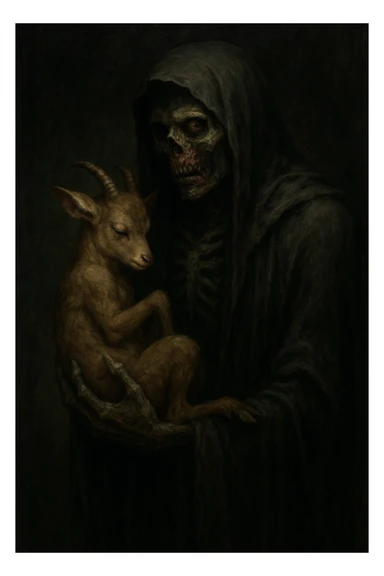 The grim reaper holding a faun in his left hand, his face is dark, half skeleton and half zombie, dramatic and eerie style. sticker