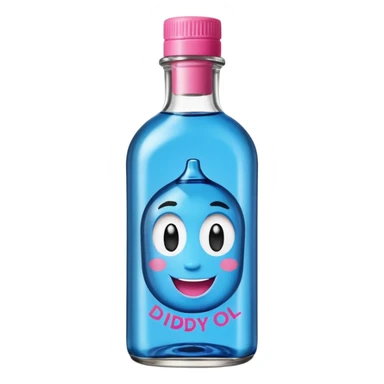 Smiling bottle of oil blue top pink outside with logo that says Diddy oil sticker