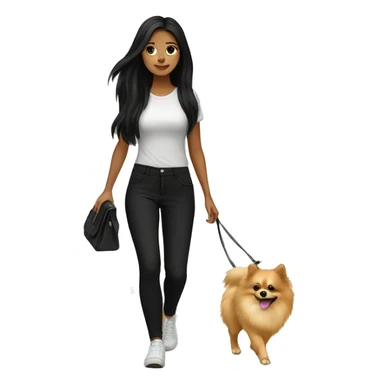 pale girl with long black hair wearing black pants walking with pomeranian sticker