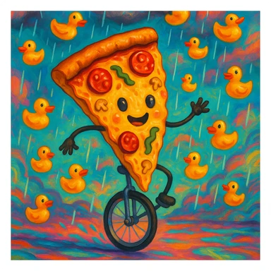 absurd surreal style slice of pizza riding a unicycle through a rainstorm of rubber ducks sticker