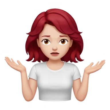 woman shrugging, eyes closed, white t-shirt, dark red hair sticker