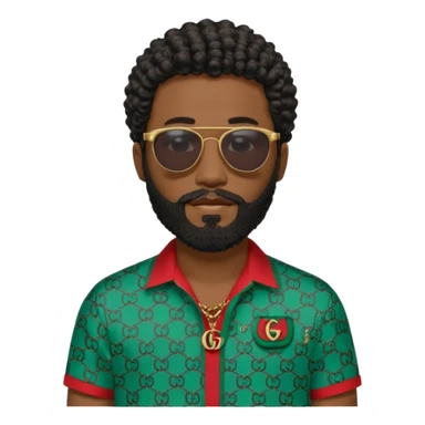 Black man with black sunglasses and curly short
 hair with a full beard and sideburns in a Gucci shirt sticker