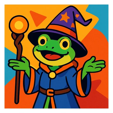 frog wizard shrugging, cartoon style, playful, colorful sticker