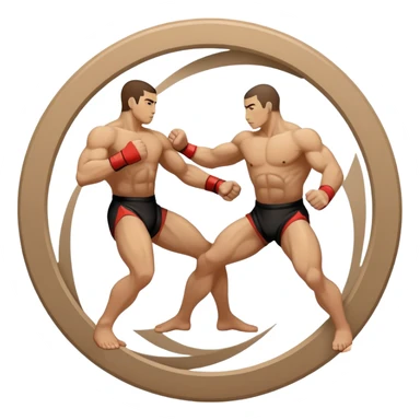 An icon symbolizing wrestling martial arts, featuring two stylized figures locked in a dynamic grappling pose. The background shows abstract elements representing strength and technique, with a circular design to represent unity and focus. Transparent background sticker