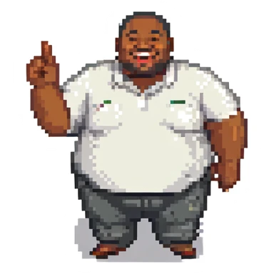 a fat black man pointing and laughing, simple and bold, pixel art style sticker