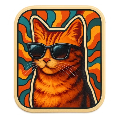 A cat with sunglasses in a retro 70s style, with a funky patterned background. sticker