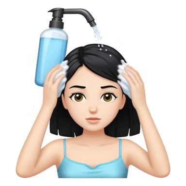 White girl with black hair, washing her head, her hair with shampoo sticker