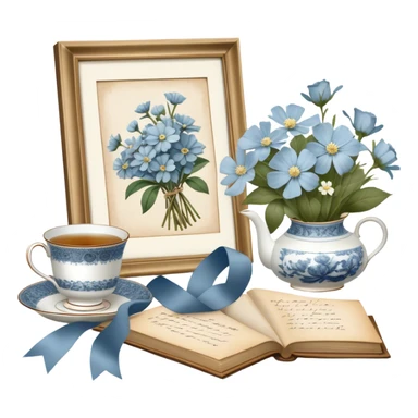 A timeless arrangement of a dusty blue silk ribbon loosely wrapped around a bundle of aged letters, with pressed white flowers and a porcelain tea set in the background.
 sticker