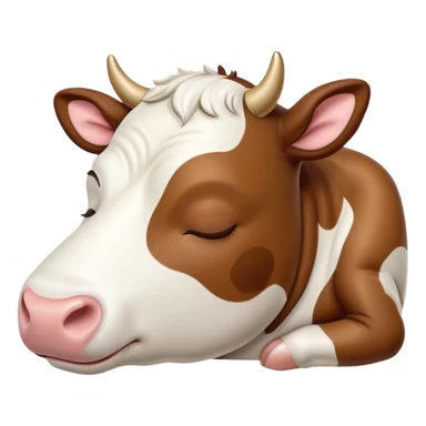 Meme-Worthy Cute Sleeping Brown and White Cow Portrait Emoji, Head resting peacefully with a contented smile, showcasing a robust build and a luxuriously soft patterned hide of brown and white, eyes shut in a serene, restful nap, Simplified yet hilariously adorable features, highly detailed, glowing with a soft, drowsy light, high shine, relaxed and utterly lovable, stylized with an air of playful laziness, bright and heartwarming, soft glowing outline, capturing the essence of a comically sleepy cow, so meme-worthy it feels like it could instantly become the next viral sensation of adorable slumber! sticker