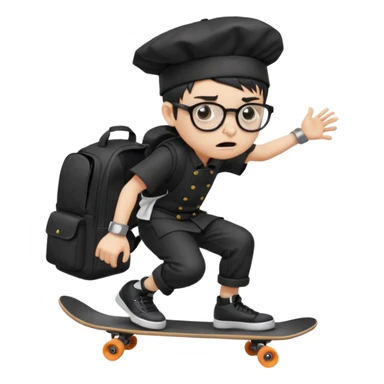 ["An angry boy  wearing a chef hat and square glasses, dressed in goth fashion, is skateboarding while holding a backpack."] sticker