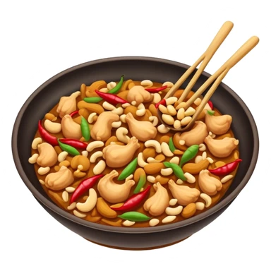Kung Pao Chicken with peanuts and dried chilies in wok, simplified emoji style with bold outlines and bright colors, cartoon style Gongbao Jiding classic stir-fry sticker