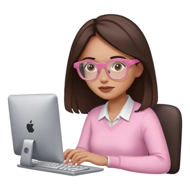 woman emoji with light pink glasses working on computer, light skin, long dark brown hair sticker