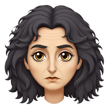 Mirri Maz Duur is a weathered, age 50 woman with deep-set dark eyes, high cheekbones, and a sharp nose, giving her a stern, knowing expression. Her long, unkempt dark frizzy hair  falls loosely over her shoulders sticker