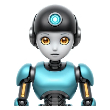 Cute futuristic chibi humanoid robot with large rounded head, glossy black and grey metal body, glowing cyan and amber eyes, visible joints, confident pose, white background, high-detail 3D render, LMX text on chest. sticker
