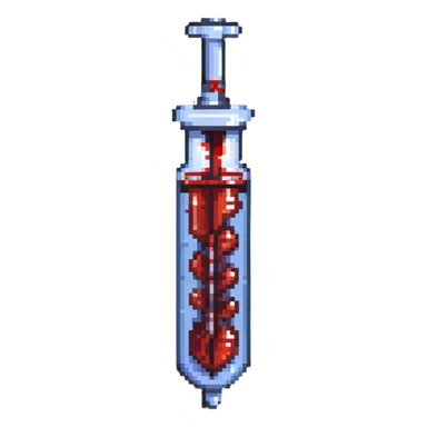 medical syringe filled with blood, minimal shading, pixel art style sticker