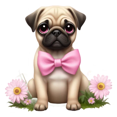 Baby pug with big pink
eyes wearing a pink bow on her head sitting in daisy's  sticker