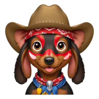 mostly black with some brown long hair daschund with a cowboy hat, ears curl out a bit and bandana and tongue slightly out sticker