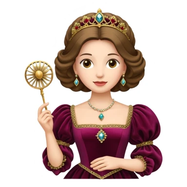 An emoji portrait of a Renaissance Italian princess. She wears a sumptuous velvet gown with a square neckline and puffed sleeves. Her hair is styled with a jeweled ferronnière, and her expression is poised and intelligent. She is holding a small, delicate fan. sticker
