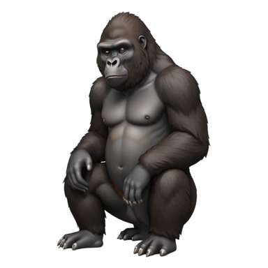 cinematic-gorilla-realistic-full-body-sitting-emoji,-exuding-strength,-thick-dark-fur-in-the-light,-head-tilted-dramatically,-deep-dark-eyes-filled-with-intense-intelligence,-simplified-yet-realistic-focused-features,-highly-detailed,-glowing-with-an-almost-sarcastic-glow sticker