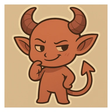 Make this imp look mischievous with a sly grin, raised eyebrow, and a playful, slightly naughty expression, keeping the cute chibi stickers style. sticker