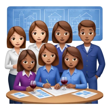 Make a photo of 5 project managers, specifically 3 girls with brown hair and 2 boys, that are making project for improvement of the winery sticker
